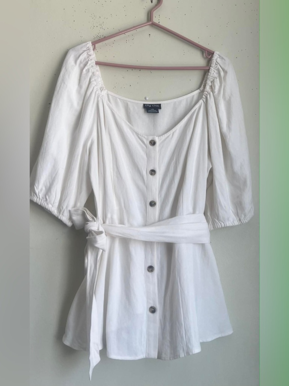 City Chic White Button-Front Midi Top with Self-Tie Waist